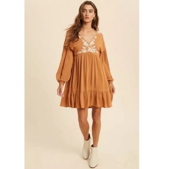 Earthen Embroidered Floral Ruffle Wrap Mini Dress - Picture 1 of 9